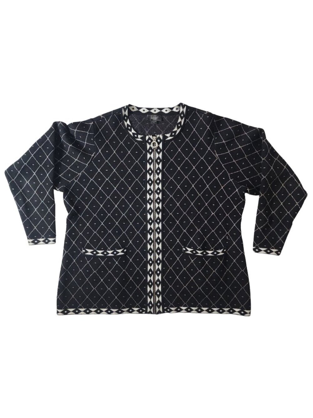 Belldini 1X Black White Metallic Geometric Zip Cardigan Business Casual